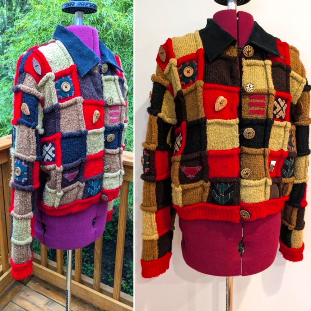 Vtg Sandy Starkman patchwork cardigan chunky sweater jacket with wooden buttons